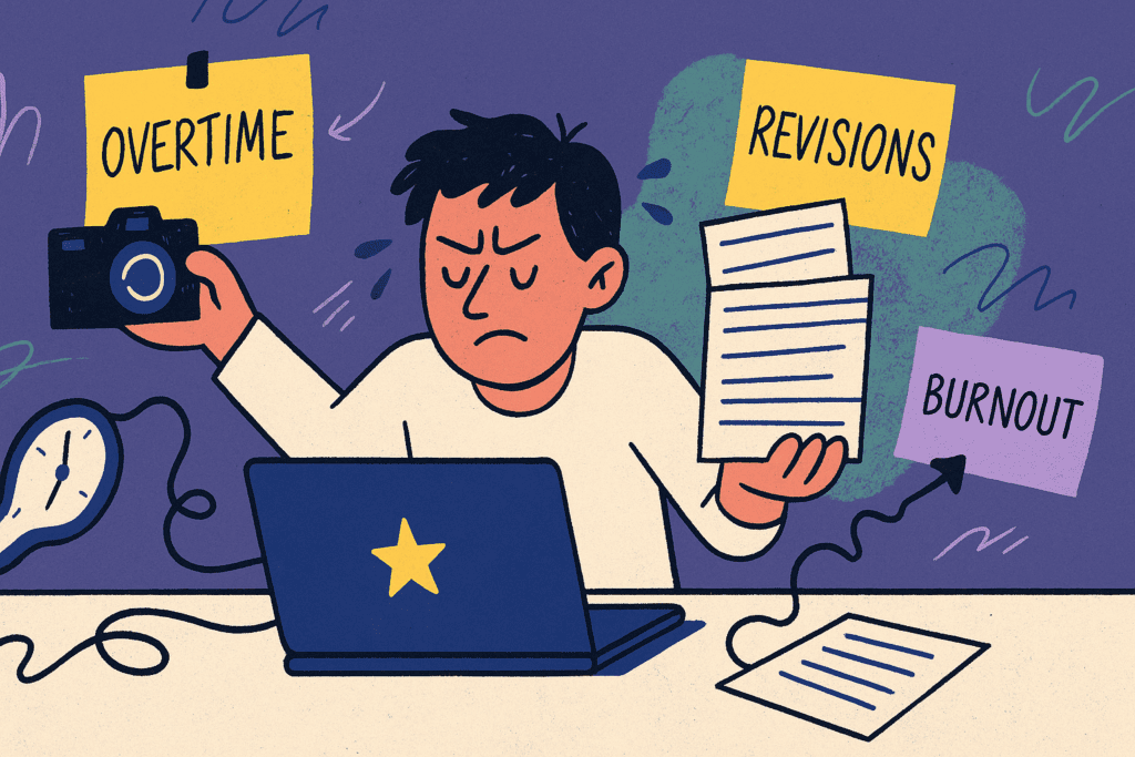Hand-drawn illustration of an overwhelmed creative professional surrounded by cluttered tools, sticky notes, and tangled wires, symbolizing the chaos of in-house content creation.